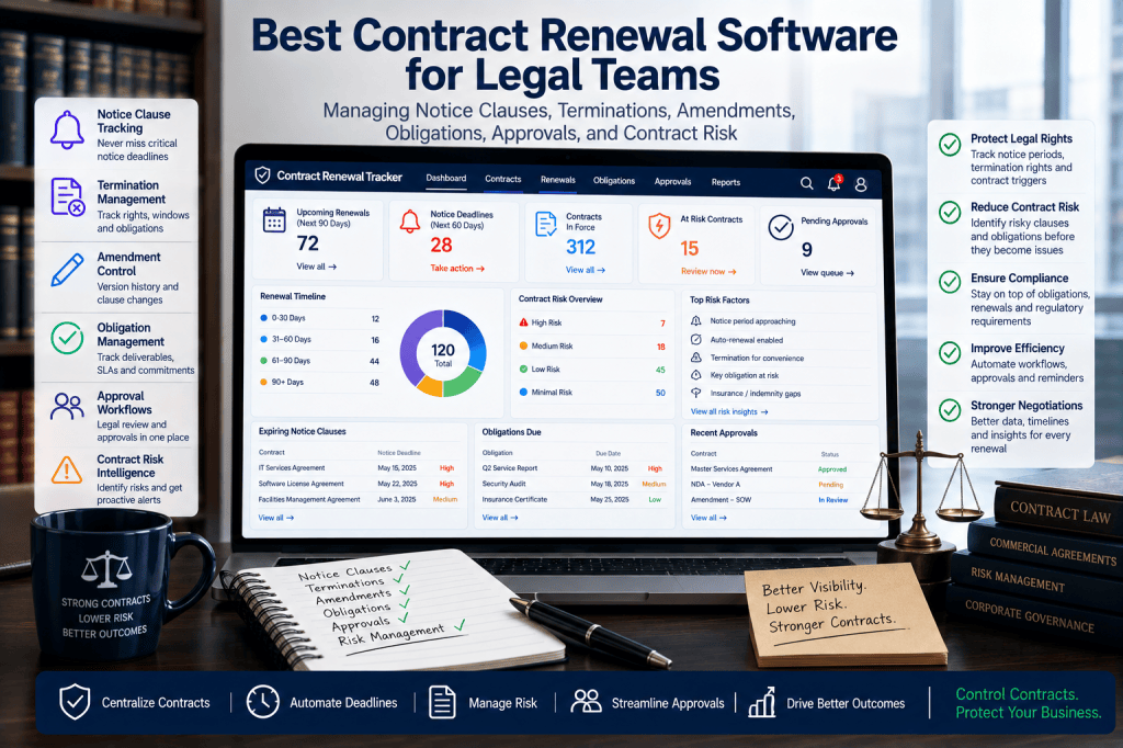 Best Contract Renewal Software for Legal Teams: Managing Notice Clauses, Terminations, Amendments, Obligations, Approvals, and Contract&nbsp;Risk