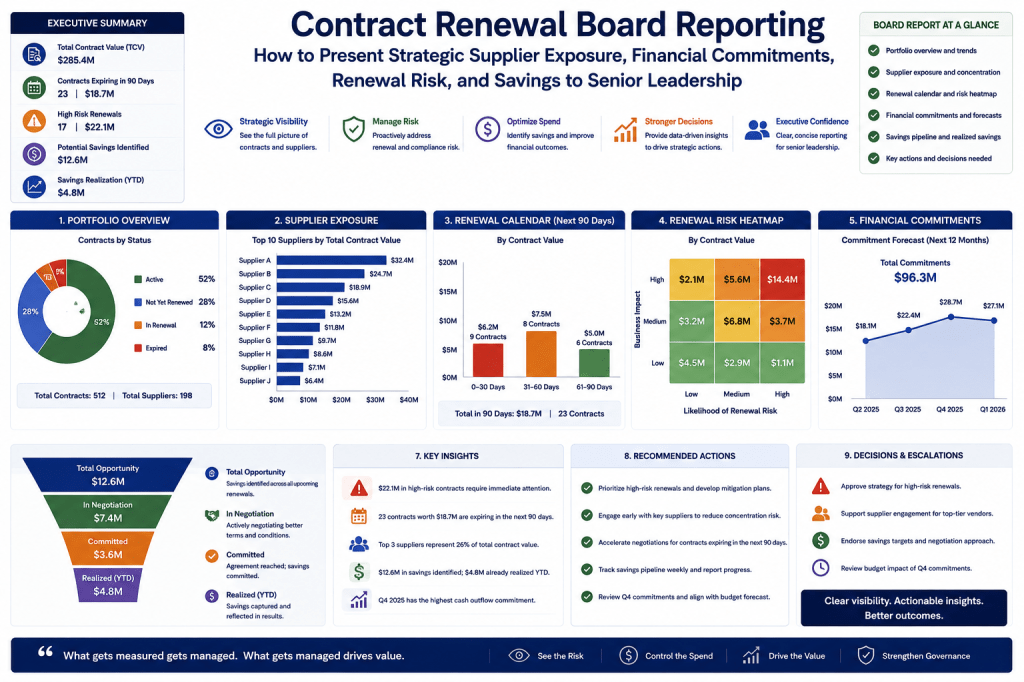 Contract Renewal Board Reporting - How to Present Strategic Supplier Exposure, Financial Commitments, Renewal Risk, and Savings to Senior Leadership