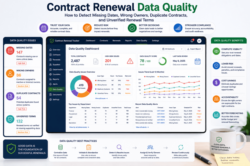 Contract Renewal Data Quality: How to Detect Missing Dates, Wrong Owners, Duplicate Contracts, and Unverified Renewal&nbsp;Terms