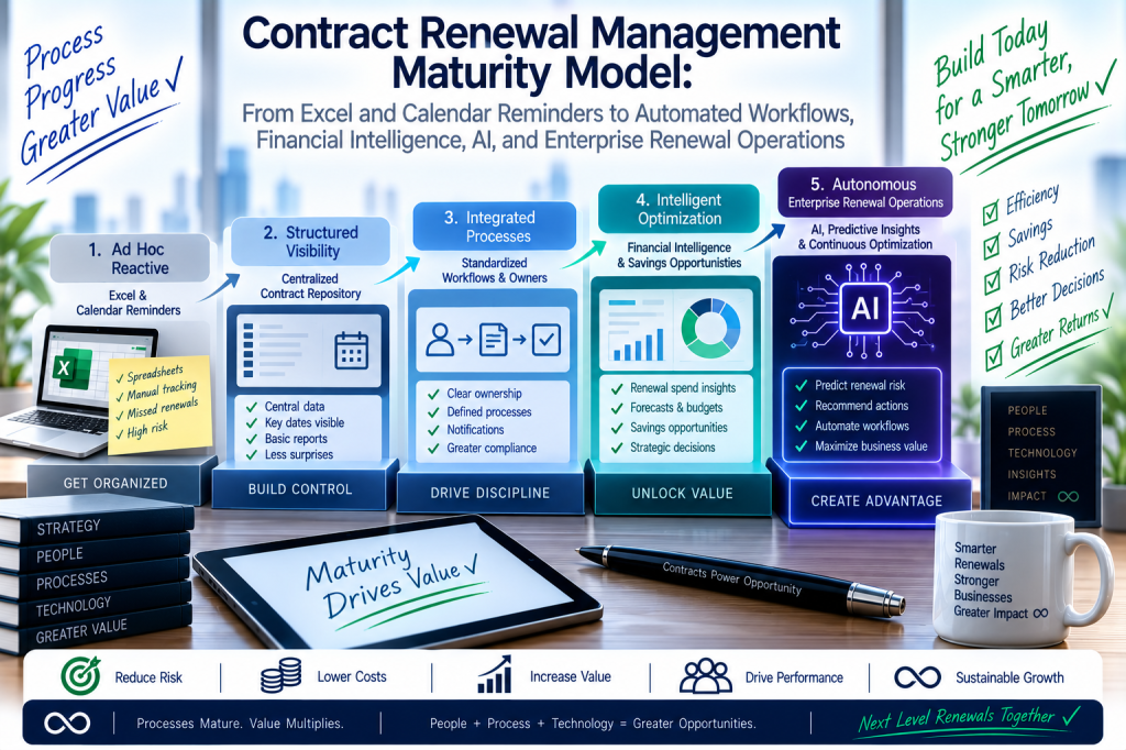 Contract Renewal Management Maturity Model - From Excel and Calendar Reminders to Automated Workflows, Financial Intelligence, AI, and Enterprise Renewal Operations