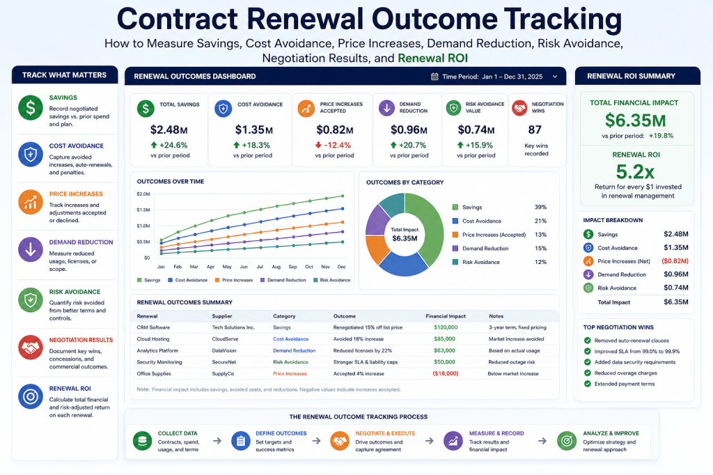 Contract Renewal Outcome Tracking: How to Measure Savings, Cost Avoidance, Price Increases, Demand Reduction, Risk Avoidance, Negotiation Results, and Renewal&nbsp;ROI