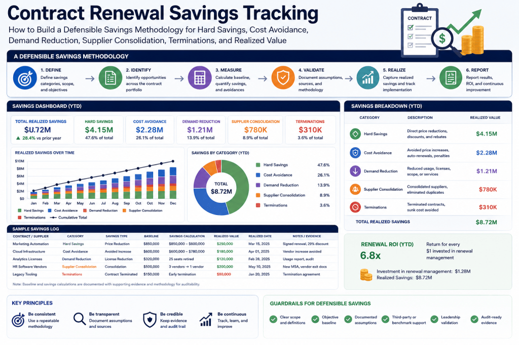 Contract Renewal Savings Tracking: How to Build a Defensible Savings Methodology for Hard Savings, Cost Avoidance, Demand Reduction, Supplier Consolidation, Terminations, and Realized&nbsp;Value